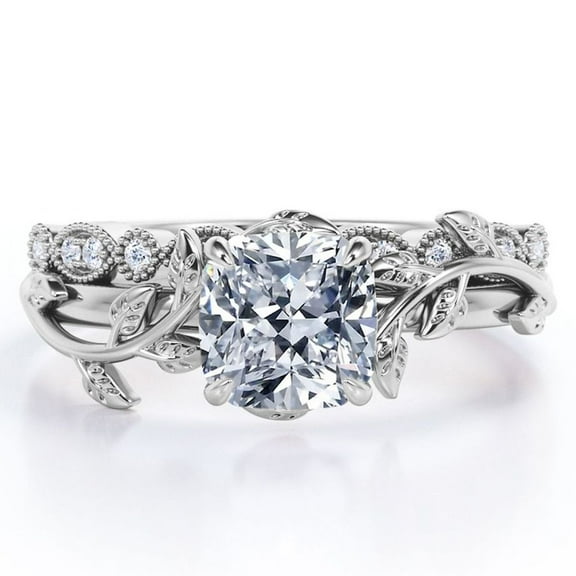 JeenMata Filigree Art Deco 1.25 Carat Cushion Cut - Wreath Leaf Wedding Set - 18K White Gold Plating over Silver