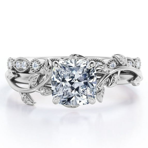 JeenMata Filigree Art Deco 1.25 Carat Cushion Cut - Wreath Leaf Wedding Set - 18K White Gold Plating over Silver