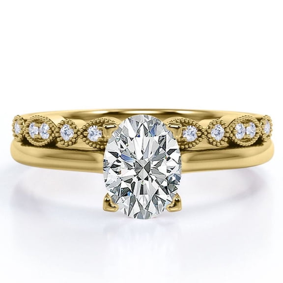 JeenMata Filigree Milgrain Decorative 1.25 Carat Ovate Prong Setting Bridal Ring Set in 18K Yellow Gold Plating over Silver (CUSTOMIZE YOUR WEDDING RING BAND)