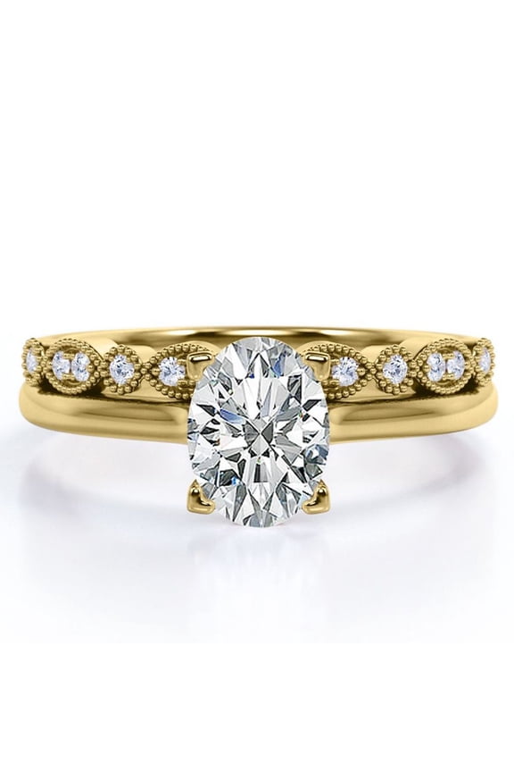 Filigree Milgrain Decorative 1.25 Carat Ovate Prong Setting Bridal Ring Set in 18K Yellow Gold Plating over Silver (CUSTOMIZE YOUR WEDDING RING BAND)