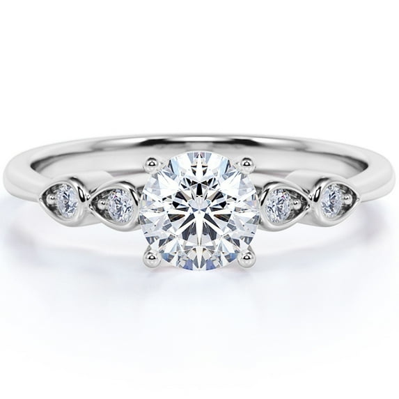 JeenMata Five Stone - 1 Carat Round Brilliant Cut Moissanite - Four Prong Cathedral Setting Engagement Ring - 18K White Gold Plating over Silver