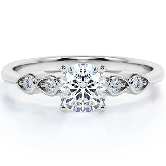 JeenMata Five Stone - 1 Carat Round Brilliant Cut Moissanite - Four Prong Cathedral Setting Engagement Ring - 18K White Gold Plating over Silver