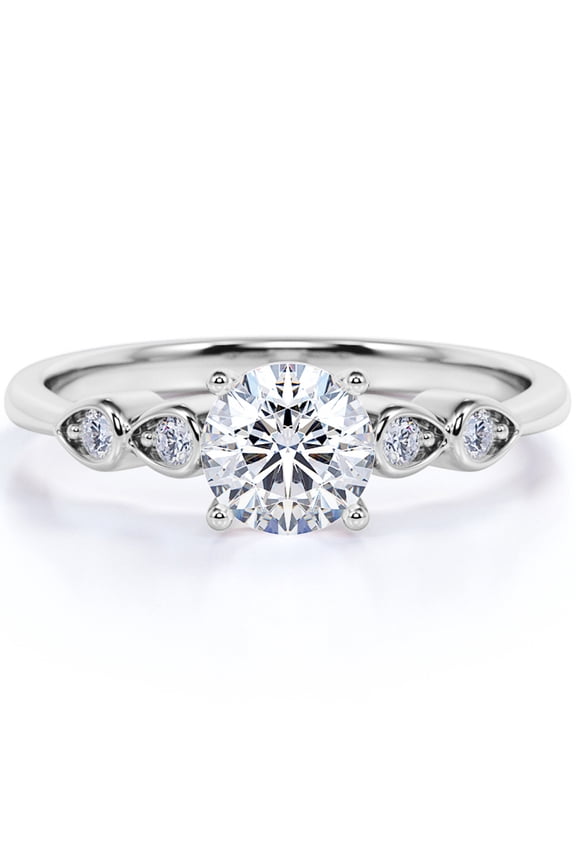 Five Stone - 1 Carat Round Brilliant Cut Moissanite - Four Prong Cathedral Setting Engagement Ring - 18K White Gold Plating over Silver