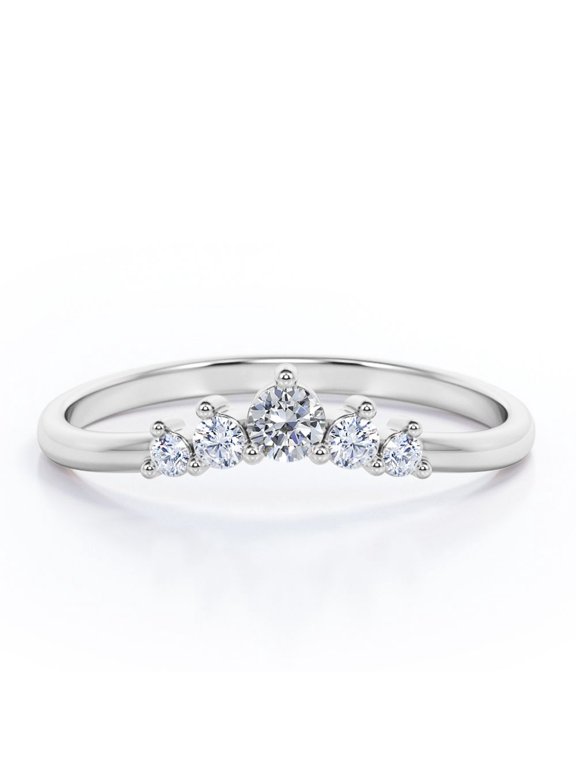Five-Stone Prong Cluster - 0.15 TCW Round Cut Moissanite - Curved Design Stackable Ring - 18K White Gold Plating over Silver