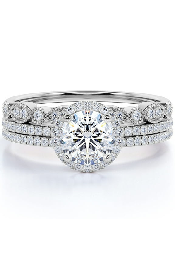 Flawless 1.5 carat Round Cut Moissanite Trio Wedding Ring Set in 18k White Gold Over Silver Celebrity Ring