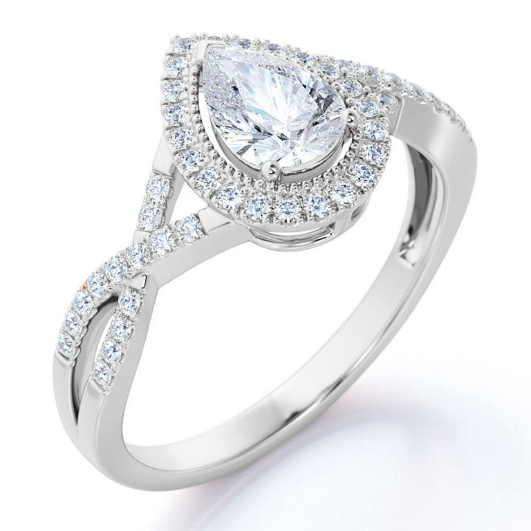 JeenMata Floating Halo Carat Pear Cut Real Diamond Crossover