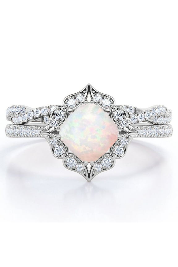 Flower Cluster 1.5 Carat Cushion Cut Australian Opal and Moissanite Infinity Pave Bridal Ring Set in 18K White Gold Plating over Silver