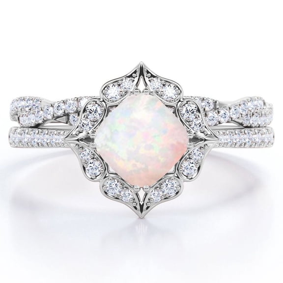 JeenMata Flower Cluster 1.5 Carat Cushion Cut Australian Opal and Moissanite Infinity Pave Bridal Ring Set in 18K White Gold Plating over Silver