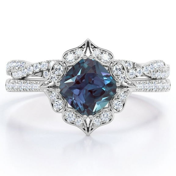 JeenMata Flower Cluster 1.5 Carat Cushion Cut Lab Grown Alexandrite and Moissanite Infinity Pave Bridal Ring Set in 18K White Gold Plating over Silver