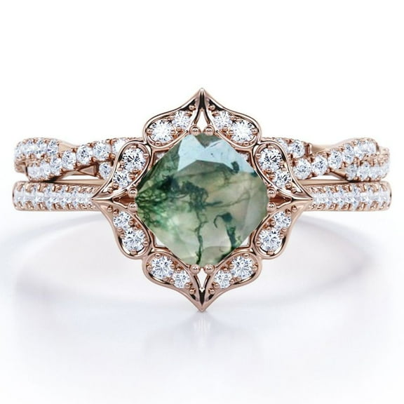 JeenMata Flower Cluster 1.5 Carat Cushion Cut Transparent Dendritic Moss Green Agate and Moissanite Infinity Pave Bridal Ring Set in 18K Rose Gold Plating over Silver