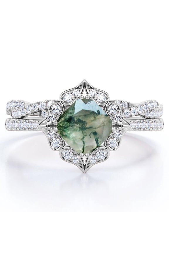 Flower Cluster 1.5 Carat Cushion Cut Transparent Dendritic Moss Green Agate and Moissanite Infinity Pave Bridal Ring Set in 18K White Gold Plating over Silver