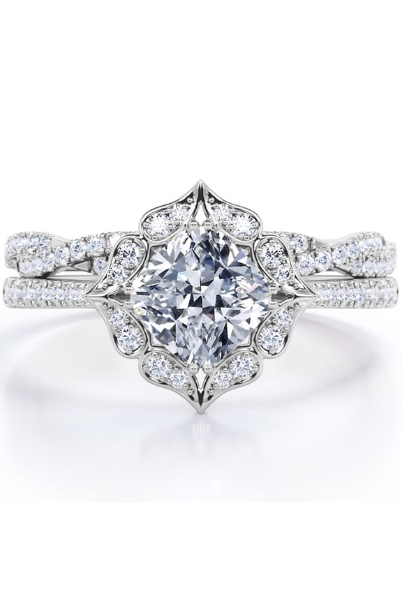 Flower Cluster 1.75 Carat Cushion Cut Moissanite Infinity Pave Bridal Ring Set in 18K White Gold Plating over Silver