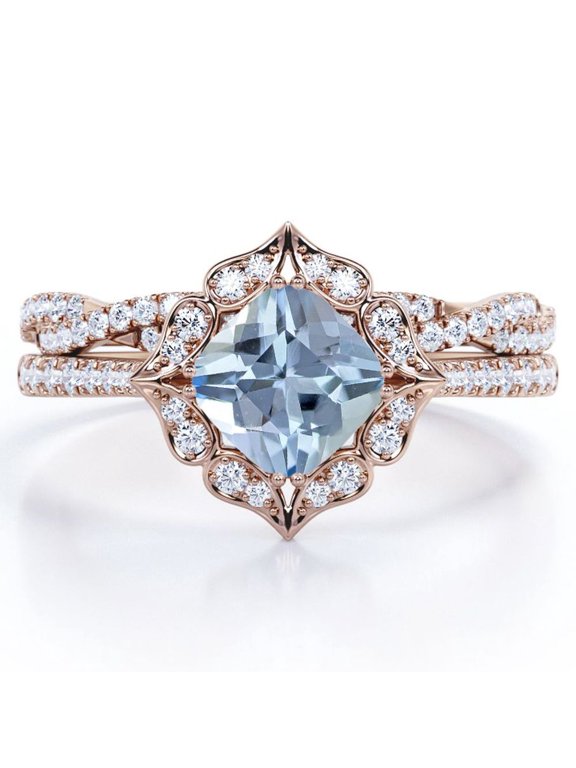 Flower Cluster 1.75 Carat Cushion Cut Ocean Blue Created Aquamarine and Moissanite Infinity Pave Bridal Ring Set in 18K Rose Gold Plating over Silver