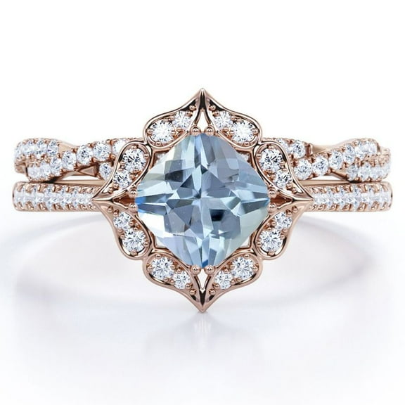 JeenMata Flower Cluster 1.75 Carat Cushion Cut Ocean Blue Created Aquamarine and Moissanite Infinity Pave Bridal Ring Set in 18K Rose Gold Plating over Silver