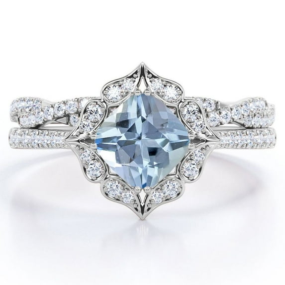 JeenMata Flower Cluster 1.75 Carat Cushion Cut Ocean Blue Created Aquamarine and Moissanite Infinity Pave Bridal Ring Set in 18K White Gold Plating over Silver