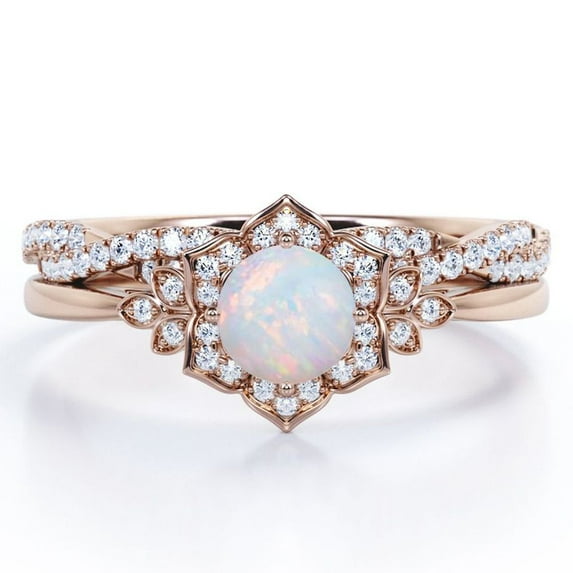 JeenMata Flower Halo Bezel 1.5 Carat Round Cut Ethiopian Opal and Moissanite Infinity Twisted Band Wedding Ring Set in 18K Rose Gold Plating over Silver