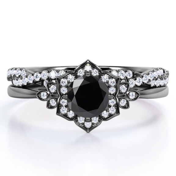 JeenMata Flower Halo Bezel 1.5 Carat Round Cut Lab Grown Black Diamond and Moissanite Infinity Twisted Band Wedding Ring Set in 18K Black Gold Plating over Silver