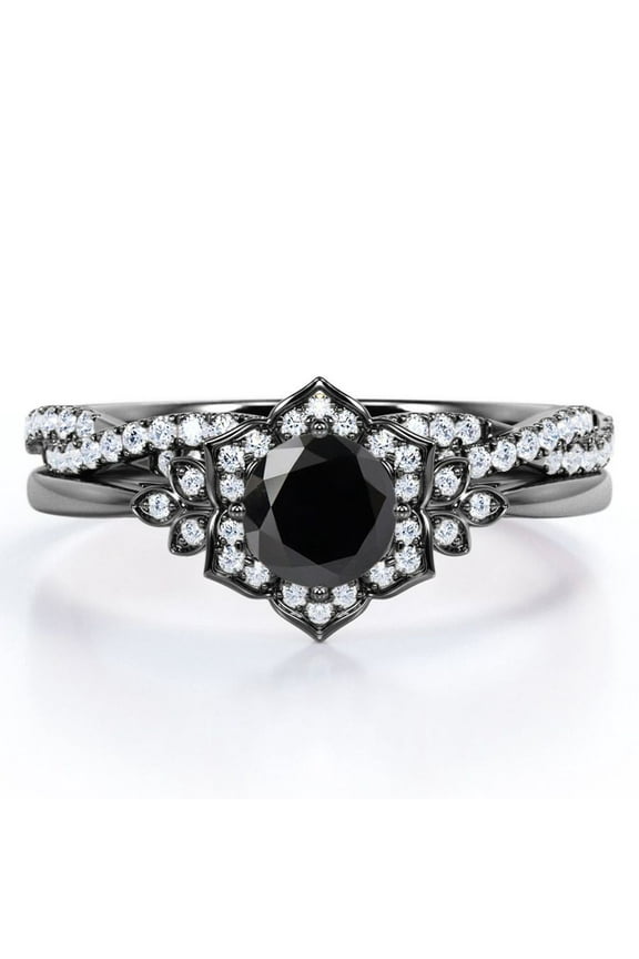 Flower Halo Bezel 1.5 Carat Round Cut Lab Grown Black Diamond and Moissanite Infinity Twisted Band Wedding Ring Set in 18K Black Gold Plating over Silver