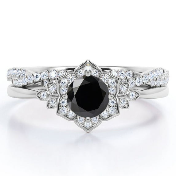 JeenMata Flower Halo Bezel 1.5 Carat Round Cut Lab Grown Black Diamond and Moissanite Infinity Twisted Band Wedding Ring Set in 18K White Gold Plating over Silver