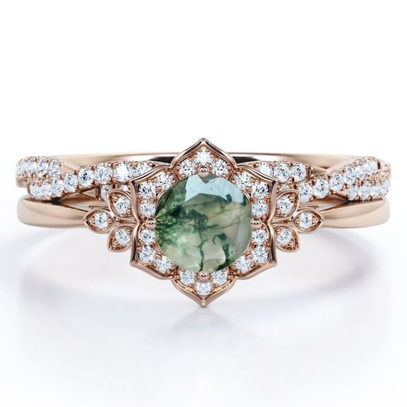 JeenMata Flower Halo Bezel 1.5 Carat Round Cut Milky Dendritic Moss Green Agate and Moissanite Infinity Twisted Band Wedding Ring Set in 18K Rose Gold Plating over Silver