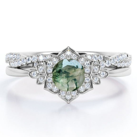 JeenMata Flower Halo Bezel 1.5 Carat Round Cut Milky Dendritic Moss Green Agate and Moissanite Infinity Twisted Band Wedding Ring Set in 18K White Gold Plating over Silver