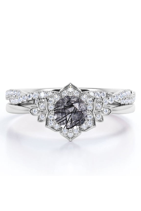 Flower Halo Bezel 1.5 Carat Round Cut Natural Dendritic Black Rutilated Quartz and Moissanite Infinity Twisted Band Wedding Ring Set in 18K White Gold Plating over Silver