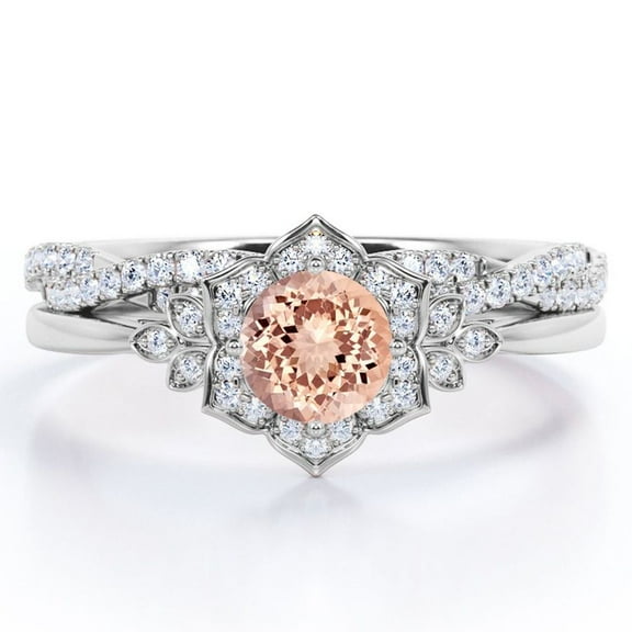JeenMata Flower Halo Bezel 1.5 Carat Round Cut Pinky Peach created morganite and Moissanite Infinity Twisted Band Wedding Ring Set in 18K White Gold Plating over Silver