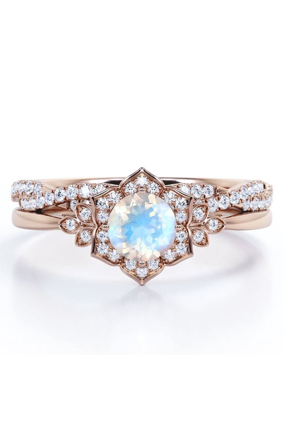 Flower Halo Bezel 1.75 Carat Round Cut Blue Moonstone and Moissanite Infinity Twisted Band Wedding Ring Set in 18K Rose Gold Plating over Silver