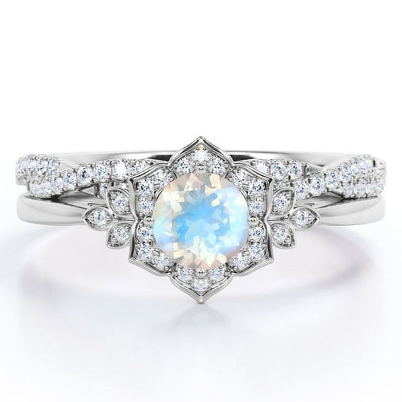 JeenMata Flower Halo Bezel 1.75 Carat Round Cut Blue Moonstone and Moissanite Infinity Twisted Band Wedding Ring Set in 18K White Gold Plating over Silver