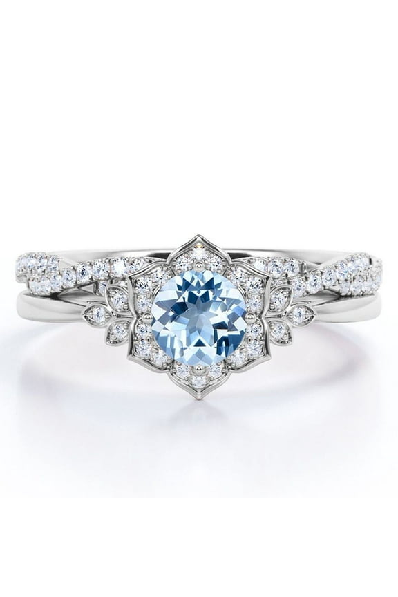 Flower Halo Bezel 1.75 Carat Round Cut Deep Blue Created Aquamarine and Moissanite Infinity Twisted Band Wedding Ring Set in 18K White Gold Plating over Silver