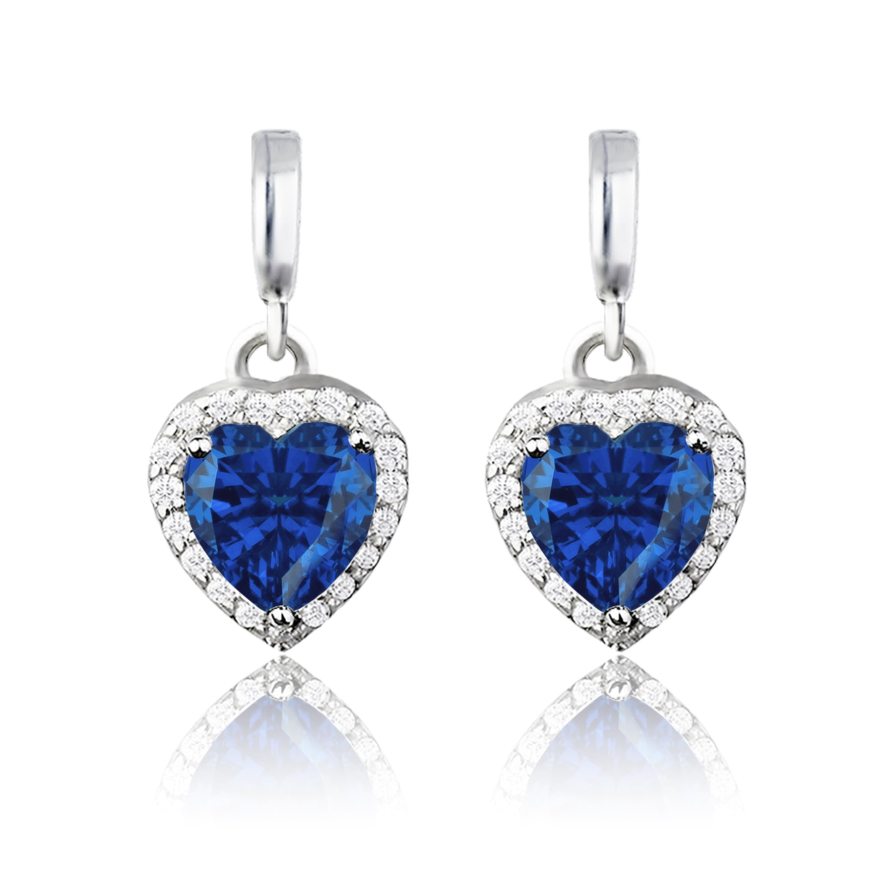 JeenMata Forever Heart 1.25 Carat Blue Sapphire September Birthstone Earrings in 18K White Gold Plating over Silver