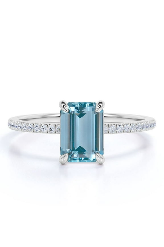 Four Prong 1.25 Carat Emerald Cut Created Aquamarine and Moissanite Engagement Ring in 18k White Gold over Silver