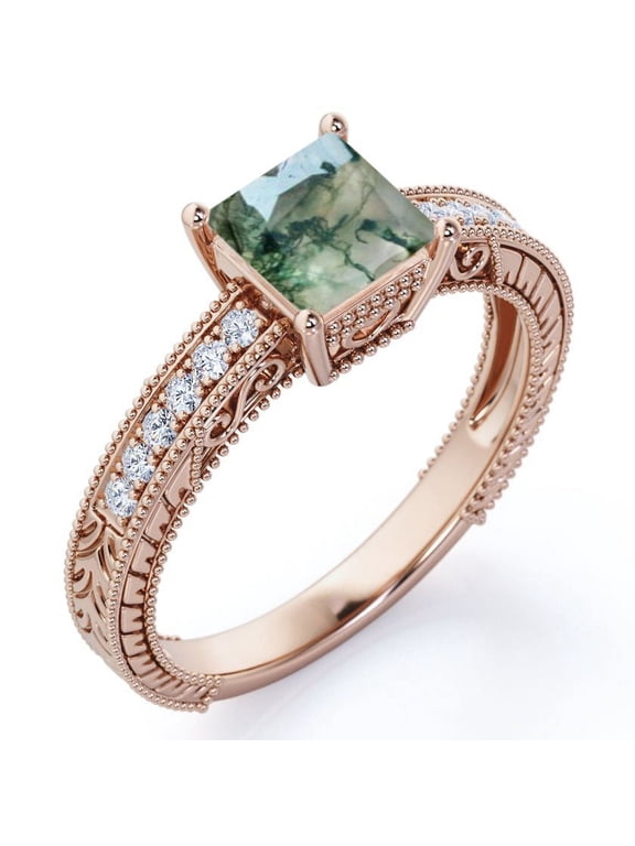 Four Prong Cathedral - 1.75 Carat Princess Cut Natural Druzy Moss Green Agate and Moissanite - Milgrain Border - Victorian Pave Engagement Ring - 18K Rose Gold Plating over Silver