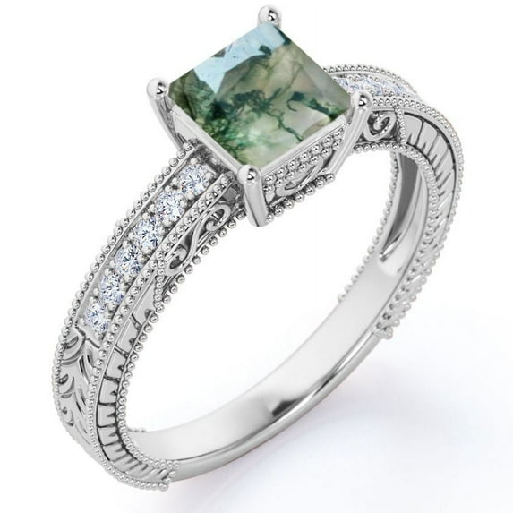 JeenMata Four Prong Cathedral - 1.75 Carat Princess Cut Natural Druzy Moss Green Agate and Moissanite - Milgrain Border - Victorian Pave Engagement Ring - 18K White Gold Plating over Silver