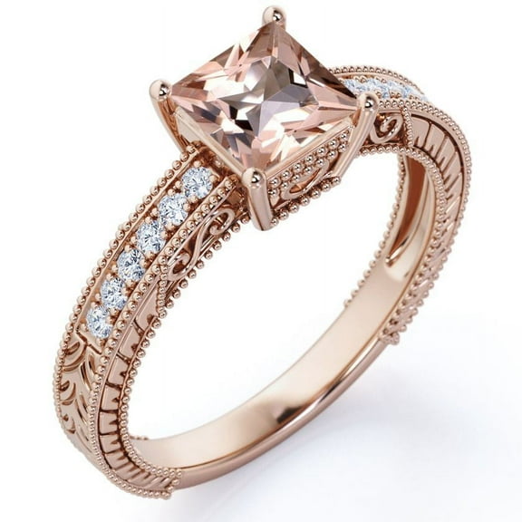 JeenMata Four Prong Cathedral - 1.75 Carat Princess Cut Pink Peach created morganite and Moissanite - Milgrain Border - Victorian Pave Engagement Ring - 18K Rose Gold Plating over Silver