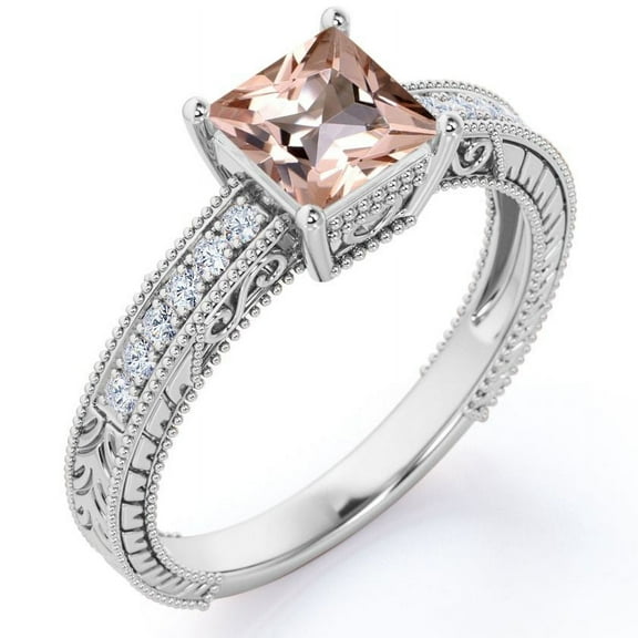 JeenMata Four Prong Cathedral - 1.75 Carat Princess Cut Pink Peach created morganite and Moissanite - Milgrain Border - Victorian Pave Engagement Ring - 18K White Gold Plating over Silver