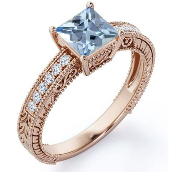 JeenMata Four Prong Cathedral - 1 Carat Princess Cut Created Aquamarine and Moissanite - Milgrain Border - Victorian Pave Engagement Ring - 18K Rose Gold Plating over Silver