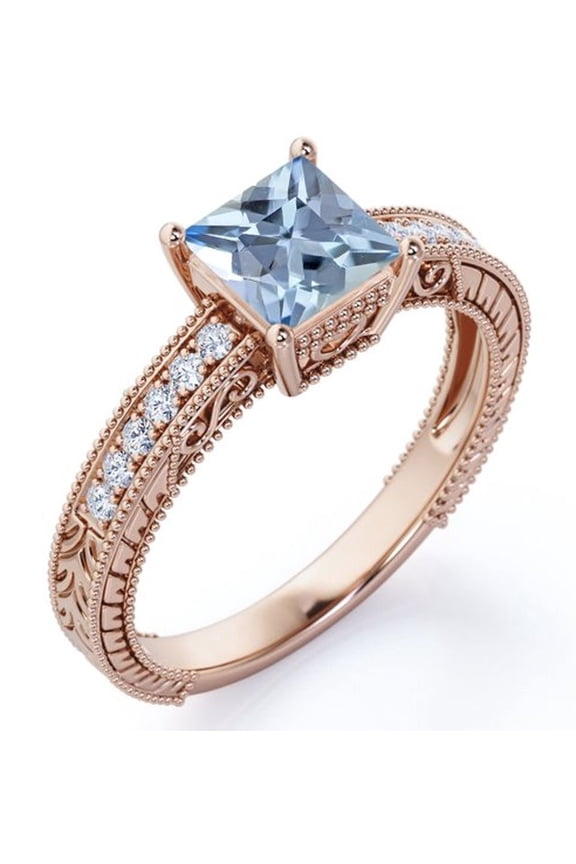 Four Prong Cathedral - 1 Carat Princess Cut Created Aquamarine and Moissanite - Milgrain Border - Victorian Pave Engagement Ring - 18K Rose Gold Plating over Silver