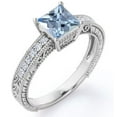 thumbnail image 1 of JeenMata Four Prong Cathedral - 1 Carat Princess Cut Created Aquamarine and Moissanite - Milgrain Border - Victorian Pave Engagement Ring - 18K White Gold Plating over Silver, 1 of 6