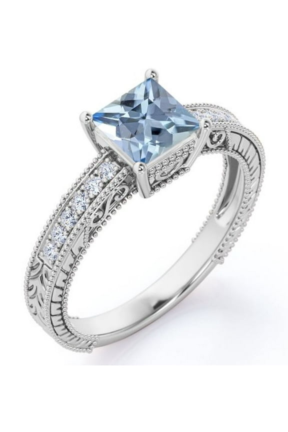 Four Prong Cathedral - 1 Carat Princess Cut Created Aquamarine and Moissanite - Milgrain Border - Victorian Pave Engagement Ring - 18K White Gold Plating over Silver