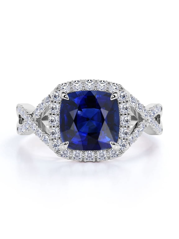 Four Prong Halo - 1.2 TCW Cushion Cut Lab Created Blue Sapphire and Moissanite - Brilliant Crossover Pave Engagement Ring - 18K White Gold Plating over Silver