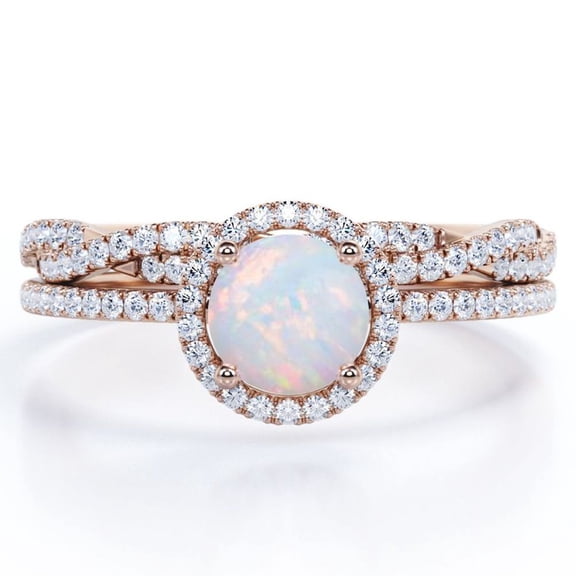 JeenMata Four-Prong Halo Setting 1.5 Carat Round Brilliant Cut Brazilian Opal and Moissanite Pave Infinity Bridal Ring Set in 18K Rose Gold Plating over Silver