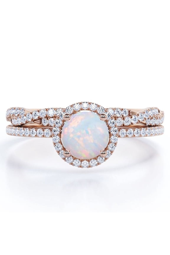 Four-Prong Halo Setting 1.5 Carat Round Brilliant Cut Brazilian Opal and Moissanite Pave Infinity Bridal Ring Set in 18K Rose Gold Plating over Silver