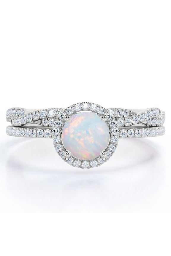 Four-Prong Halo Setting 1.5 Carat Round Brilliant Cut Brazilian Opal and Moissanite Pave Infinity Bridal Ring Set in 18K White Gold Plating over Silver