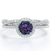 JeenMata Four-Prong Halo Setting 1.5 Carat Round Brilliant Cut Lab Grown Alexandrite and Moissanite Pave Infinity Bridal Ring Set in 18K White Gold Plating over Silver
