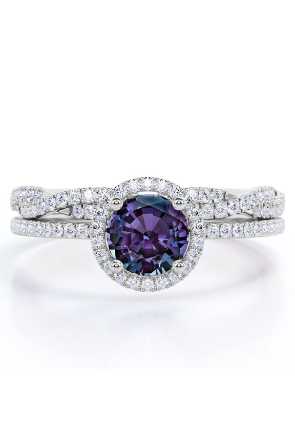 Four-Prong Halo Setting 1.5 Carat Round Brilliant Cut Lab Grown Alexandrite and Moissanite Pave Infinity Bridal Ring Set in 18K White Gold Plating over Silver