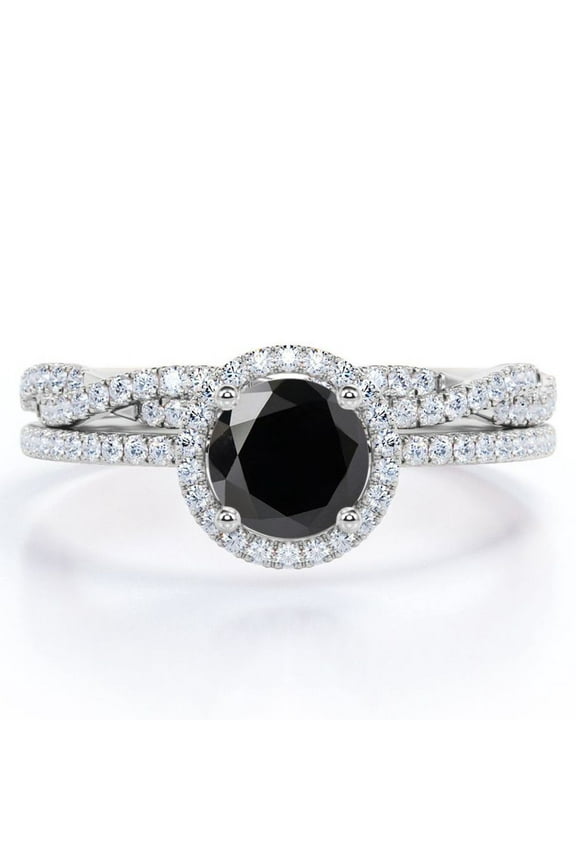 Four-Prong Halo Setting 1.5 Carat Round Brilliant Cut Lab Grown Black Diamond and Moissanite Pave Infinity Bridal Ring Set in 18K White Gold Plating over Silver