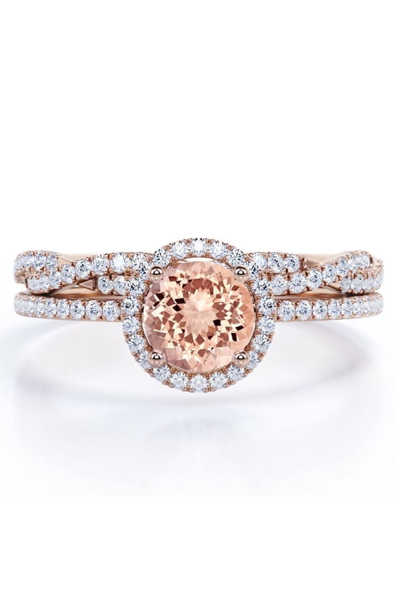 Four-Prong Halo Setting 1.5 Carat Round Brilliant Cut Pinky Peach created morganite and Moissanite Pave Infinity Bridal Ring Set in 18K Rose Gold Plating over Silver