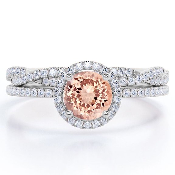 JeenMata Four-Prong Halo Setting 1.5 Carat Round Brilliant Cut Pinky Peach created morganite and Moissanite Pave Infinity Bridal Ring Set in 18K White Gold Plating over Silver