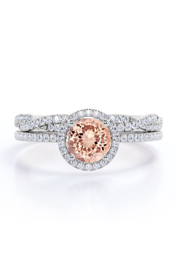 Four-Prong Halo Setting 1.5 Carat Round Brilliant Cut Pinky Peach created morganite and Moissanite Pave Infinity Bridal Ring Set in 18K White Gold Plating over Silver